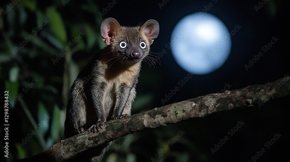 Obraz premium Asian Palm Civet perched on a tree branch at night its large eyes glowing in the darkness a full moon casting a soft light over the jungle