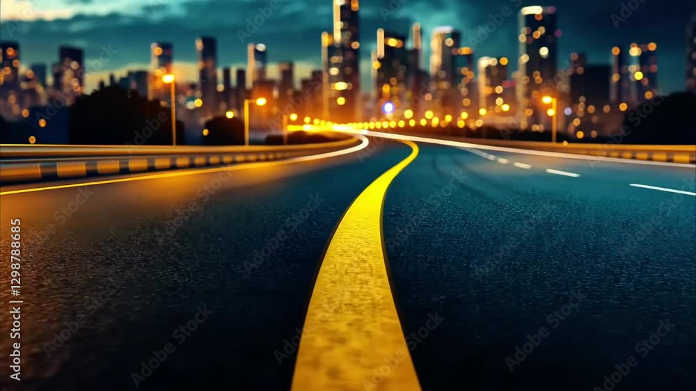 Vibrant urban skyline at night with winding road and streetlights illuminating city, creating dynamic highway atmosphere. Vibrant urban skyline at night with winding road and streetlights illuminating city, creating dynamic highway atmosphere.