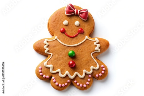 Adorable gingerbread girl, a festive Christmas biscuit, isolated on whiteâ€”the perfect sweet treat. photo