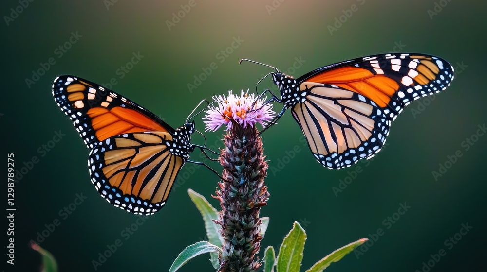 Fototapeta premium Two Monarch Butterflies Gathering Nectar on Vibrant Wildflower