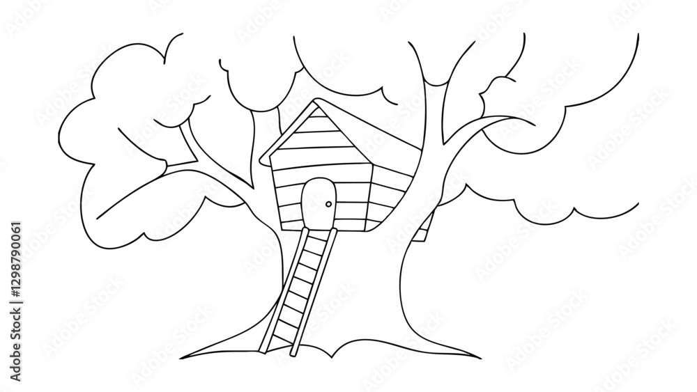 Fototapeta premium A simple line drawing depicts a small tree house built into a large tree. A ladder provides access. The style is minimalist and childlike.