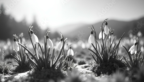 snowdrops in the mountains, in sunny weather