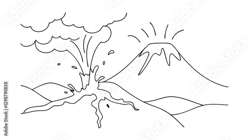 Volcanic Eruption Line Drawing of a Mountains Fiery Outburst