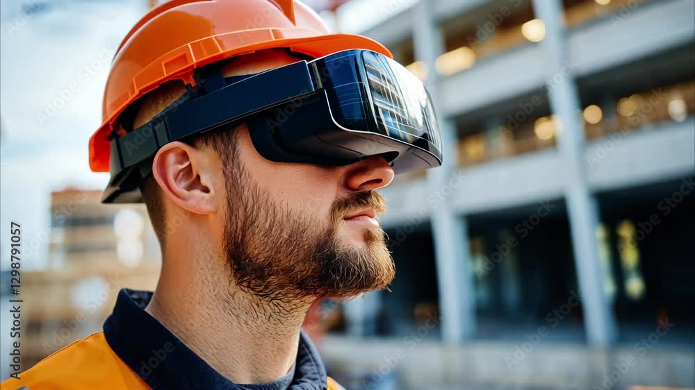 Innovative construction worker using virtual reality headset on site, showcasing safety and technology in modern building practices. Innovative construction worker using virtual reality headset on site, showcasing safety and technology in modern building practices.