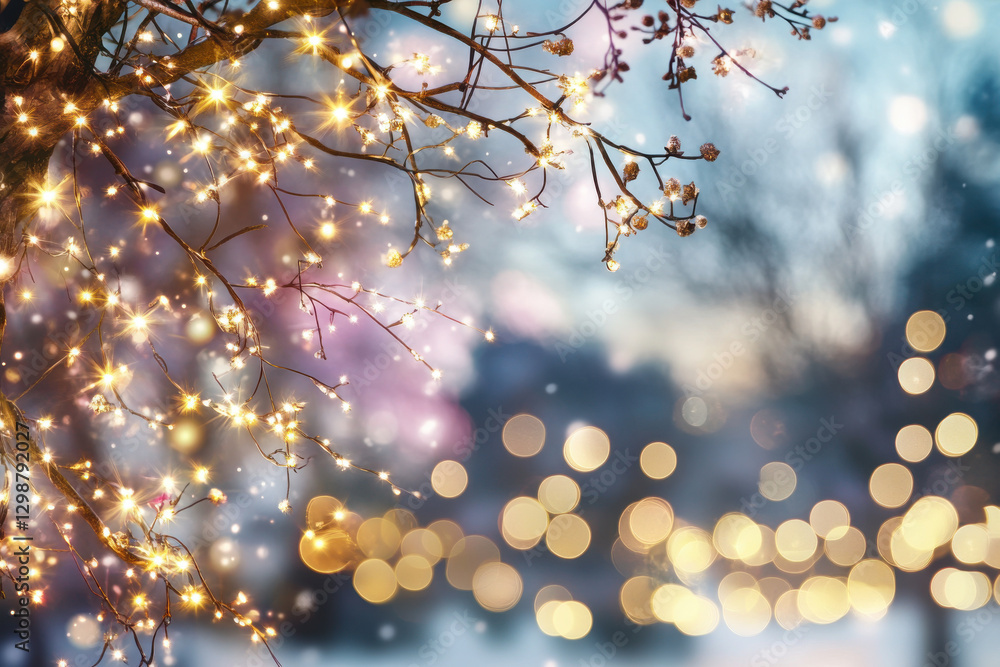 Fototapeta premium Christmas lights shining on tree branches in winter wonderland