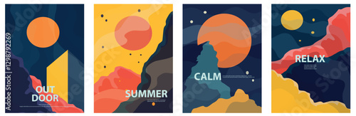 outdoor landscape, tourism poster design, minimalist flat vector illustration, mix feeling of calm, energy, relax, lonely 