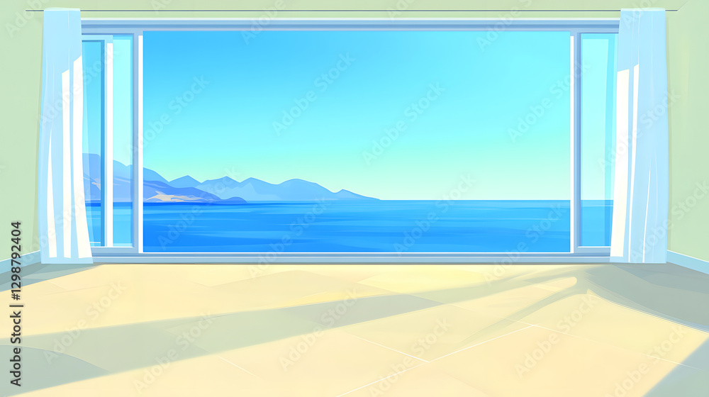 Bright interior view with large windows showcasing a serene ocean landscape Bright interior view with large windows showcasing a serene ocean landscape