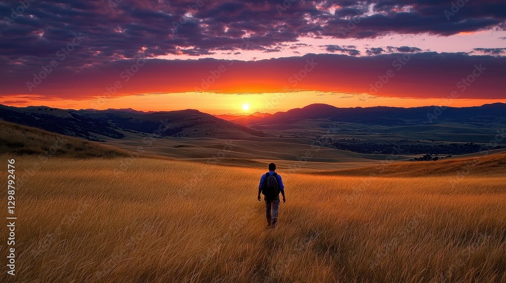Fototapeta premium Serene Sunset Over Rolling Hills With Hiker Embracing Nature's Beauty
