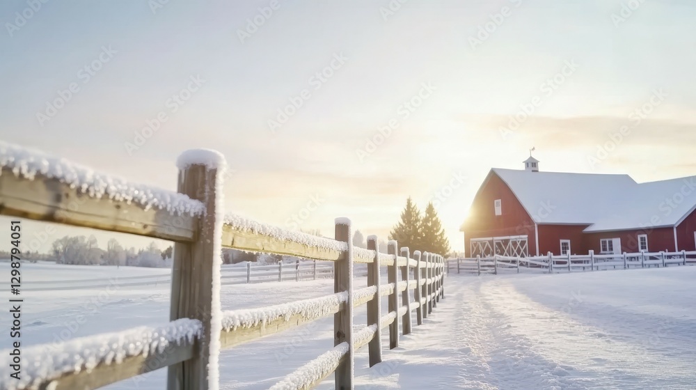 Winter Barn Serenity: A picturesque, snow-covered rural scene featuring a traditional red barn, a rustic wooden fence, and a tranquil pathway disappearing into the distance. Winter Barn Serenity: A picturesque, snow-covered rural scene featuring a traditional red barn, a rustic wooden fence, and a tranquil pathway disappearing into the distance.