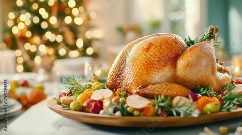 Festive Feast: A mouthwatering, roasted turkey is the centerpiece of a bountiful holiday meal. Its golden-brown skin glistens, surrounded by fresh herbs and seasonal produce.
