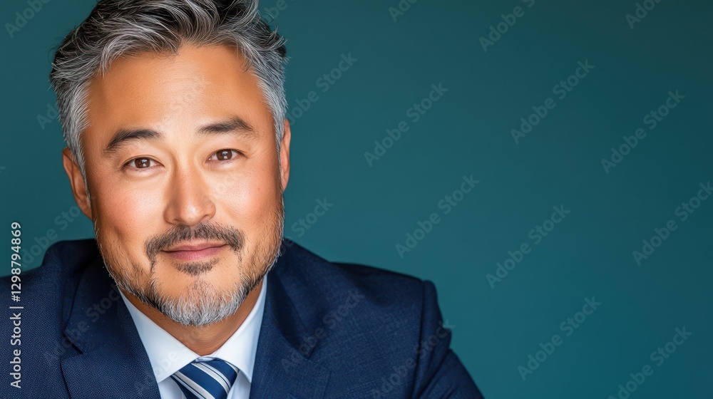Confident Executive Portrait: A poised and experienced Asian executive with a warm smile, embodying leadership and expertise, set against a clean teal backdrop. Confident Executive Portrait: A poised and experienced Asian executive with a warm smile, embodying leadership and expertise, set against a clean teal backdrop.