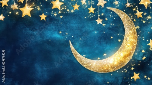 Wallpaper Mural Celestial Dreamscape: A radiant golden crescent moon and twinkling stars adorn a deep, textured blue backdrop, creating a magical and dreamy atmosphere.  Torontodigital.ca