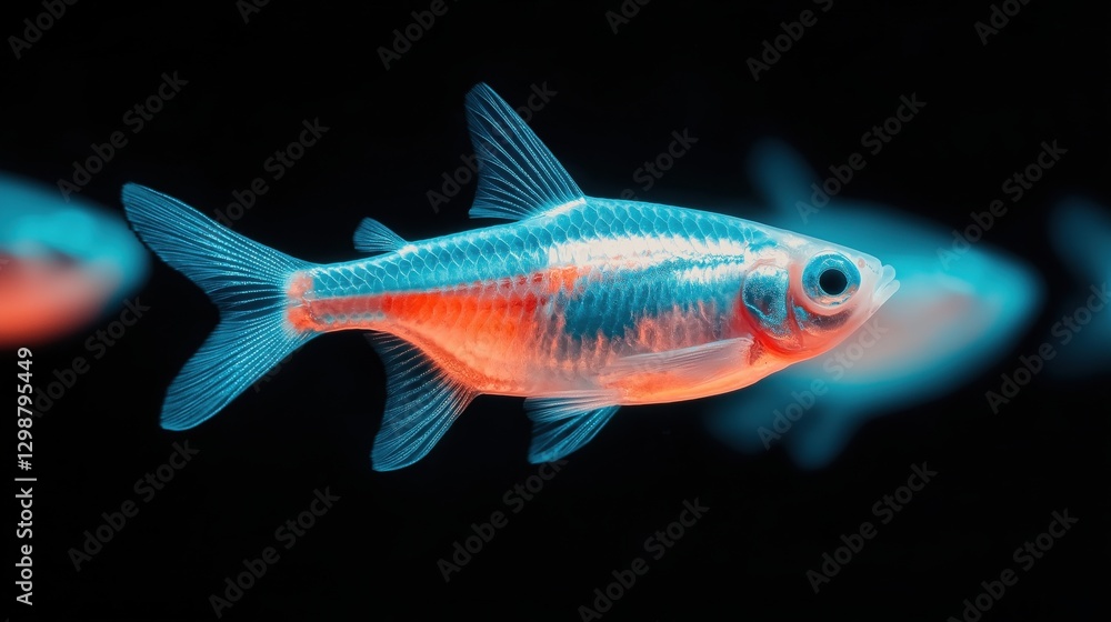 Vibrant neon tetra fish swimming in dark aquarium environment Vibrant neon tetra fish swimming in dark aquarium environment