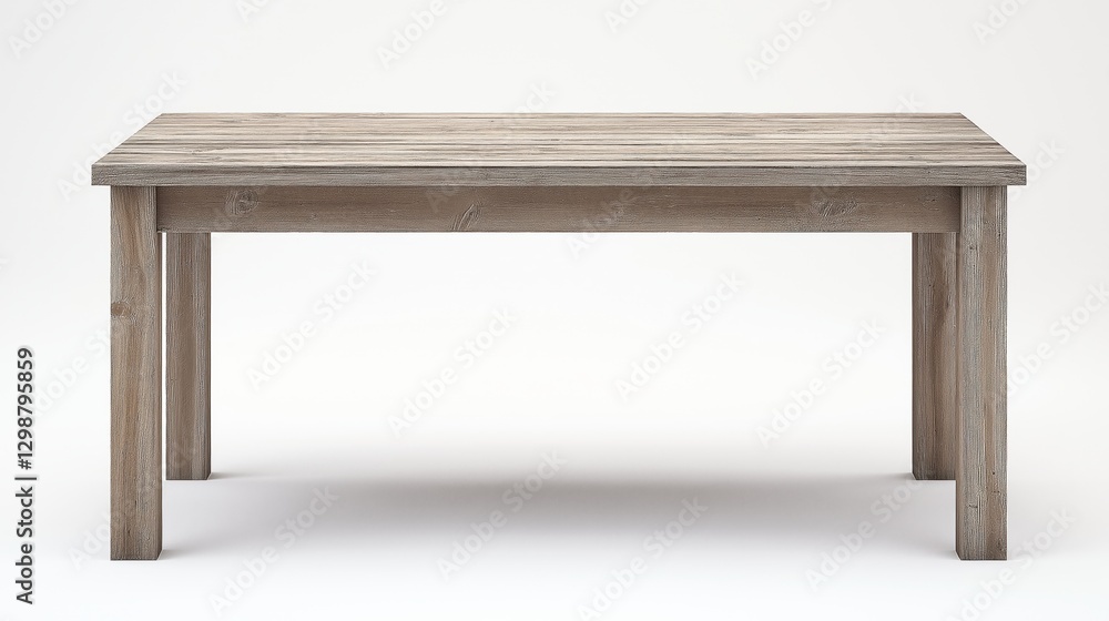 A full shot of a rustic, light gray-brown wooden dining table with a rectangular top and four simple, straight legs, showcasing a rich wood grain texture, against a pure white background. A full shot of a rustic, light gray-brown wooden dining table with a rectangular top and four simple, straight legs, showcasing a rich wood grain texture, against a pure white background.