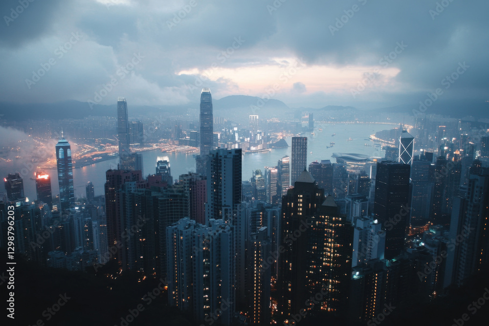 Hong kong skyline emerging from the clouds at dawn Hong kong skyline emerging from the clouds at dawn