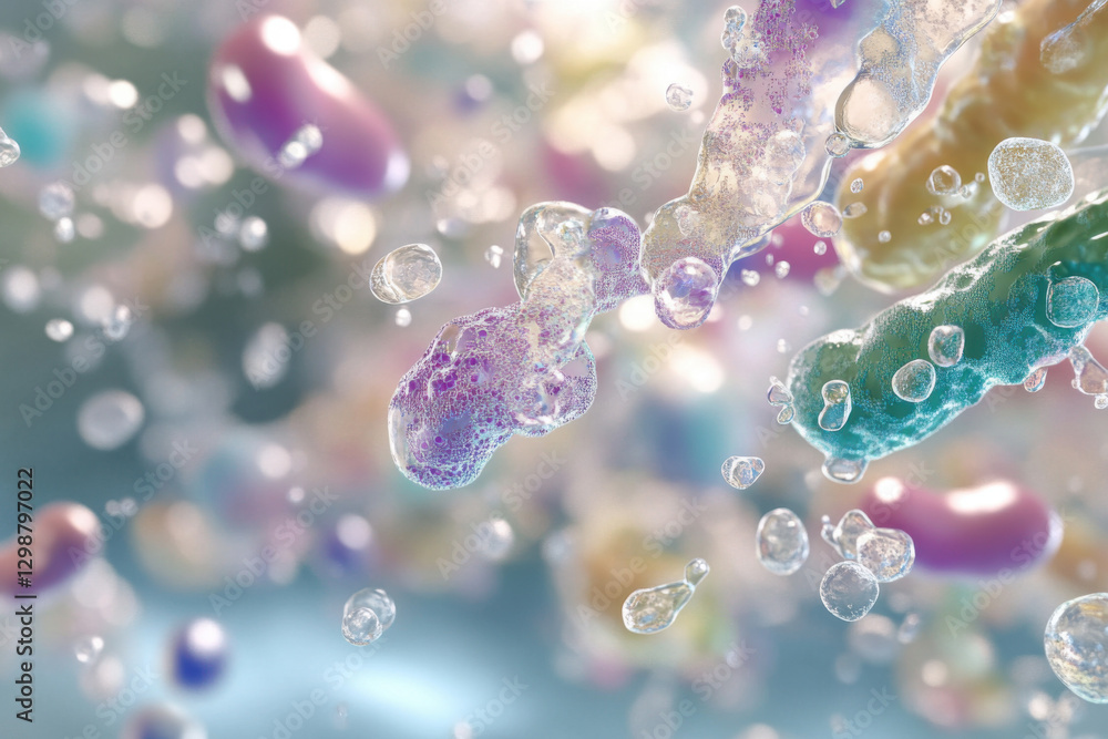 Microscopic view of colorful bacteria and viruses floating in liquid solution Microscopic view of colorful bacteria and viruses floating in liquid solution