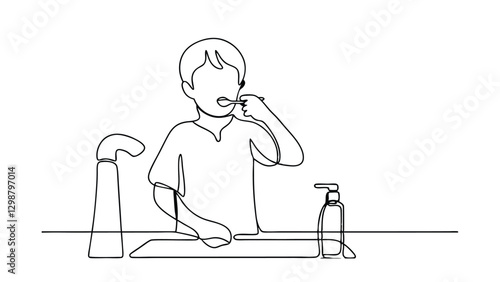 A singleline drawing shows a young boy brushing his teeth at a sink. Toothpaste and mouthwash are nearby. The image depicts a simple, clean hygiene routine.