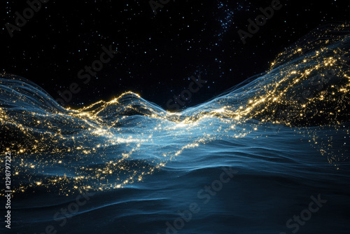 Wallpaper Mural Golden particles flowing over dark blue abstract landscape under starry sky Torontodigital.ca