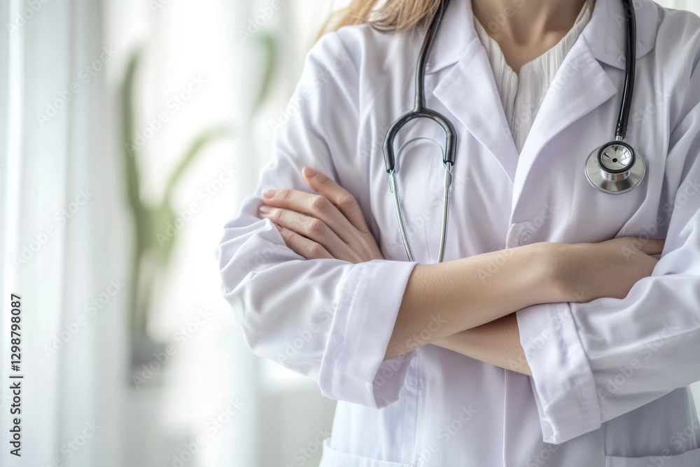 Female doctor wearing white coat and stethoscope crossing arms in hospital Female doctor wearing white coat and stethoscope crossing arms in hospital