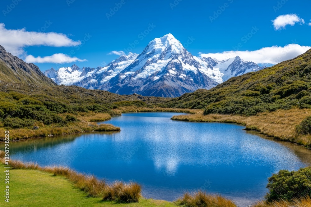 A glacial valley with icy blue lakes and snow-capped peaks in the background A glacial valley with icy blue lakes and snow-capped peaks in the background