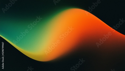 Grainy noise texture background, abstract orange green vibrant glowing color gradient shape on black backdrop, dark banner poster header cover wallpaper design