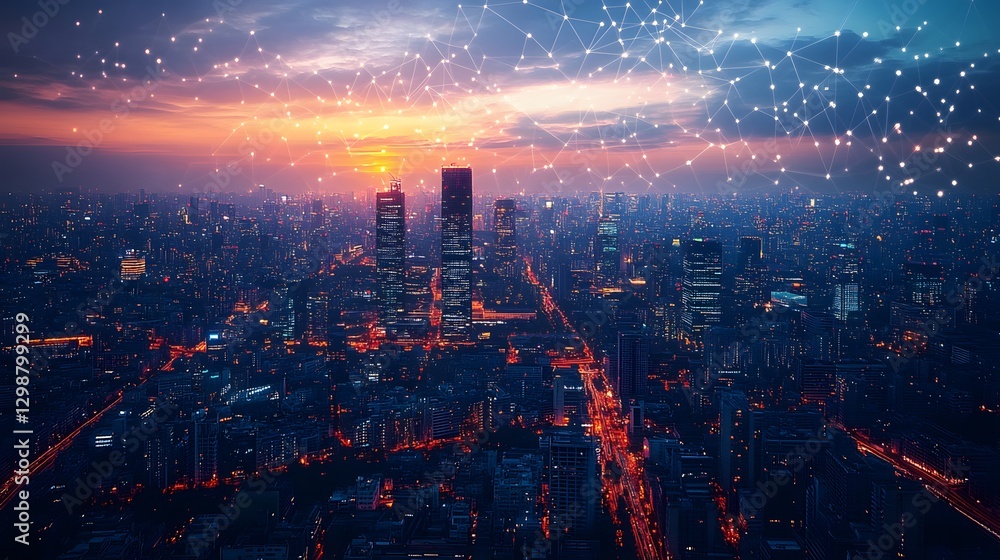 Fototapeta premium AI-driven smart city with 5G towers, interconnected technology, futuristic digital concept