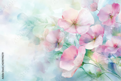 Delicate pink watercolor flowers blooming in soft pastel colors