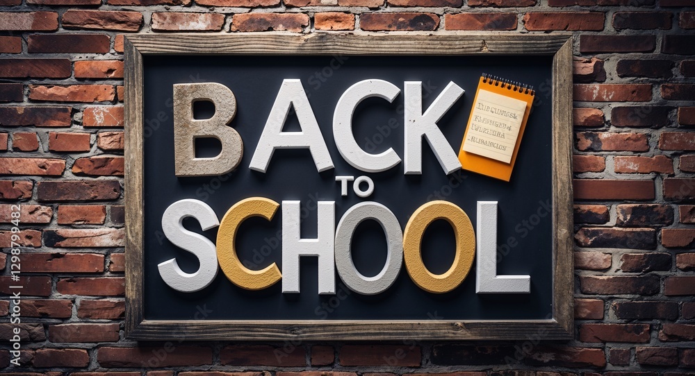 Fototapeta premium back to school lettering on a signage in brick wall dark background