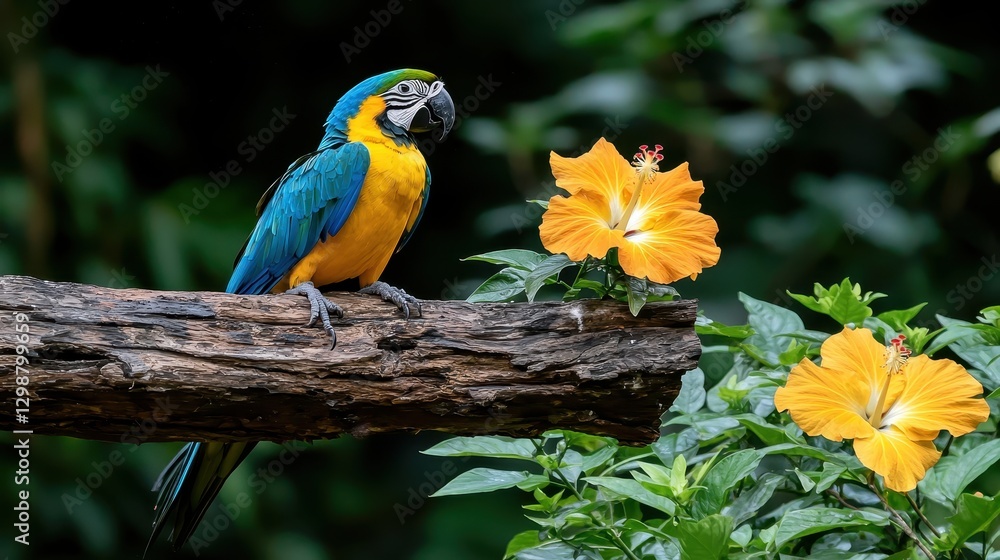 Obraz premium Vibrant Blue and Yellow Parrot Perched Near Bright Orange Hibiscus Flowers
