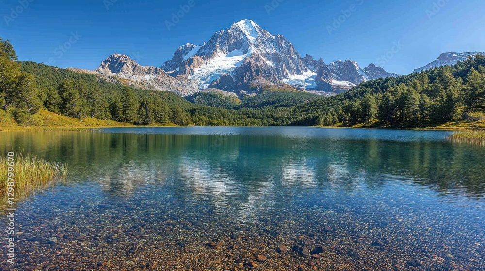 Lake mirroring snowy peak, surrounded by forest, under clear sky, water reflects mountain Lake mirroring snowy peak, surrounded by forest, under clear sky, water reflects mountain