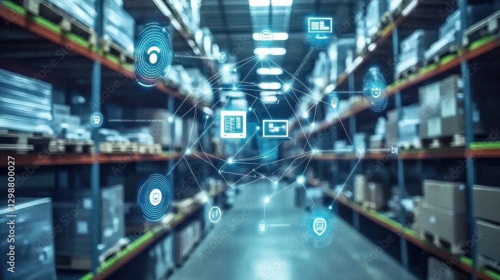 Warehouse with Digital Network and Technology Icons Warehouse with Digital Network and Technology Icons