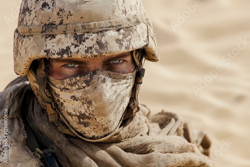 Soldier in camouflage gear focuses intently in a sandy battlefield during a military operation