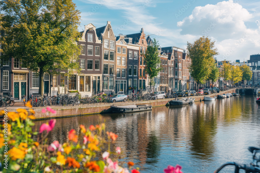 Fototapeta premium Traditional dutch houses reflecting on amsterdam canal with colorful flowers in the foreground