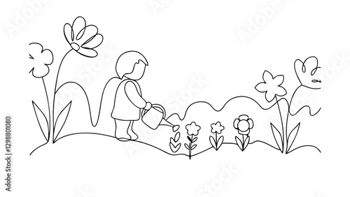 Child watering flowers, gardening, nature, spring, growth, plants, flowers, line art, simple drawing