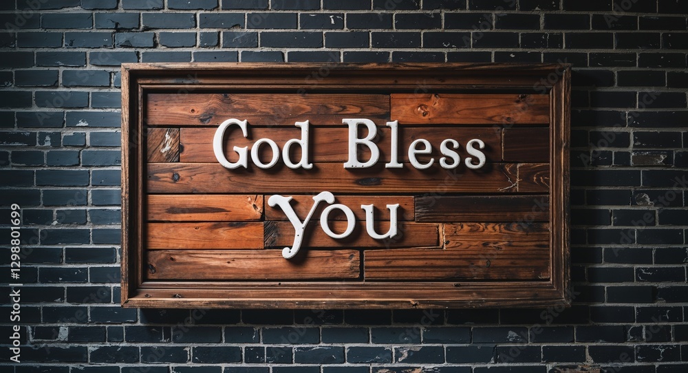 Obraz premium God bless you lettering on a signage in brick wall dark background