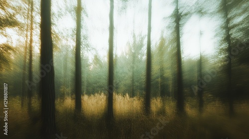 Soldiers in camouflage training amidst foggy forest at dawn surrounded by tall trees and golden grass