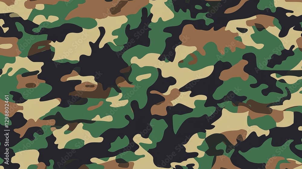 Camouflage pattern featuring shades of green, brown, and beige suitable for military use in various environments