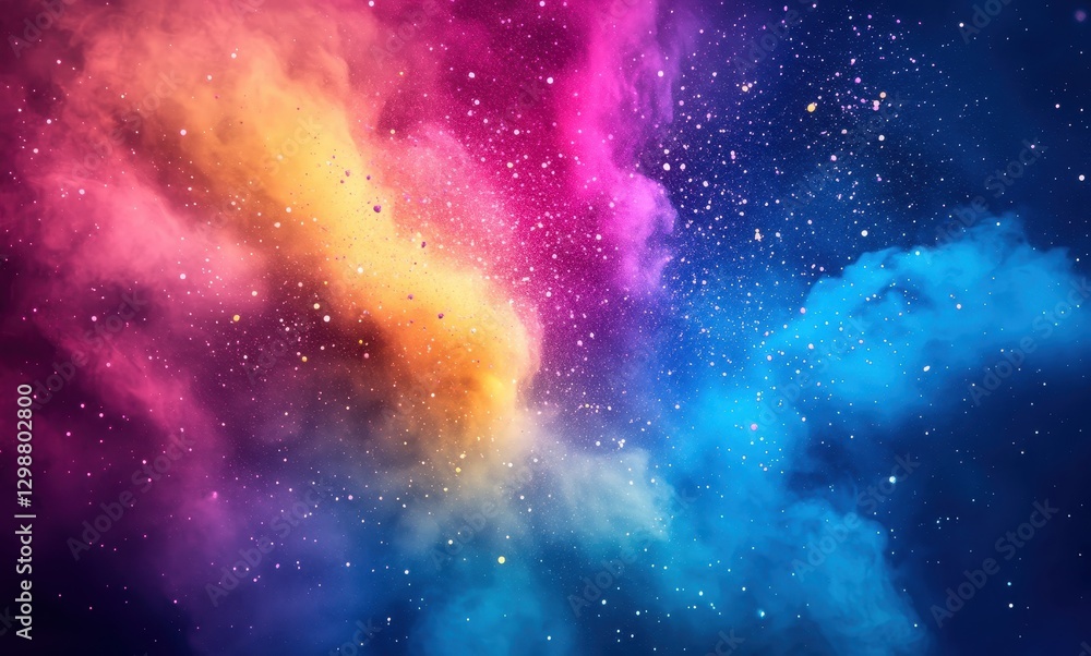 Fototapeta premium Stunning cosmic nebula bursting with vibrant colors of pink, orange, blue and purple, set against a backdrop full of shimmering stars and cosmic dust