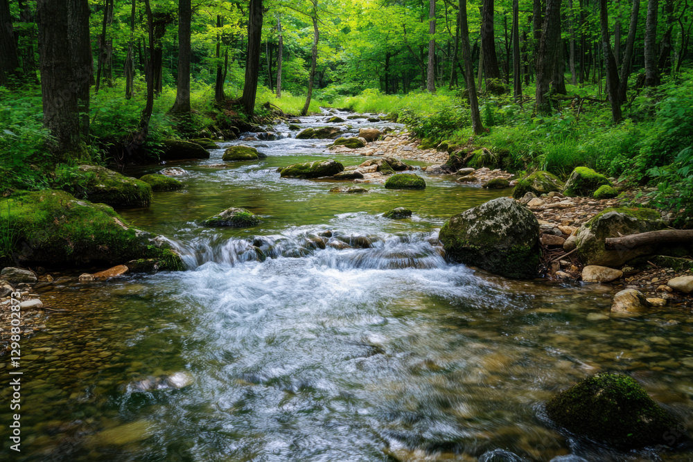 River flowing through lush green forest in springtime River flowing through lush green forest in springtime