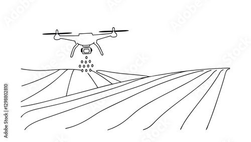 A quadcopter drone is shown spraying seeds over rows of farmland. The image is a simple line drawing, illustrating precision agriculture technology.