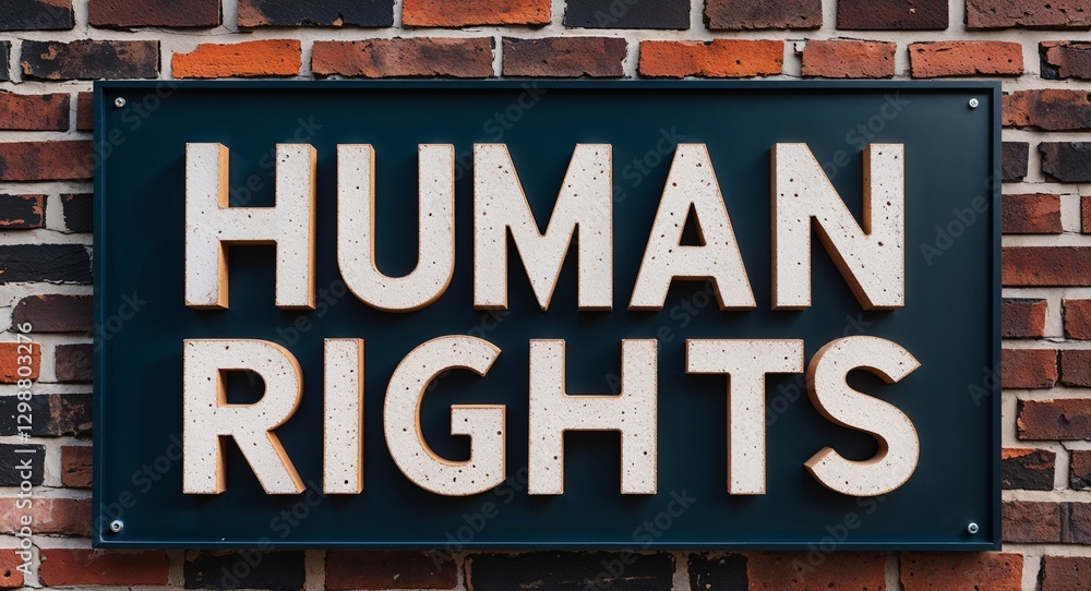 Obraz premium human rights lettering on a signage in brick wall dark background