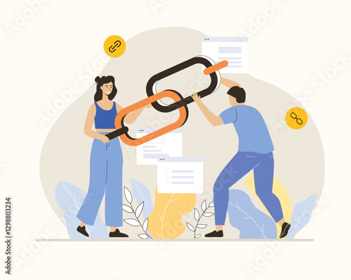 Link building. SEO strategies, search engine visibility optimization, content marketing. People holding big chain. Flat vector illustration.	
