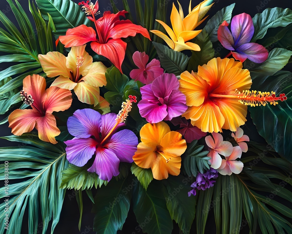 Obraz premium Vibrant Arrangement of Exotic Tropical Flowers and Lush Greenery