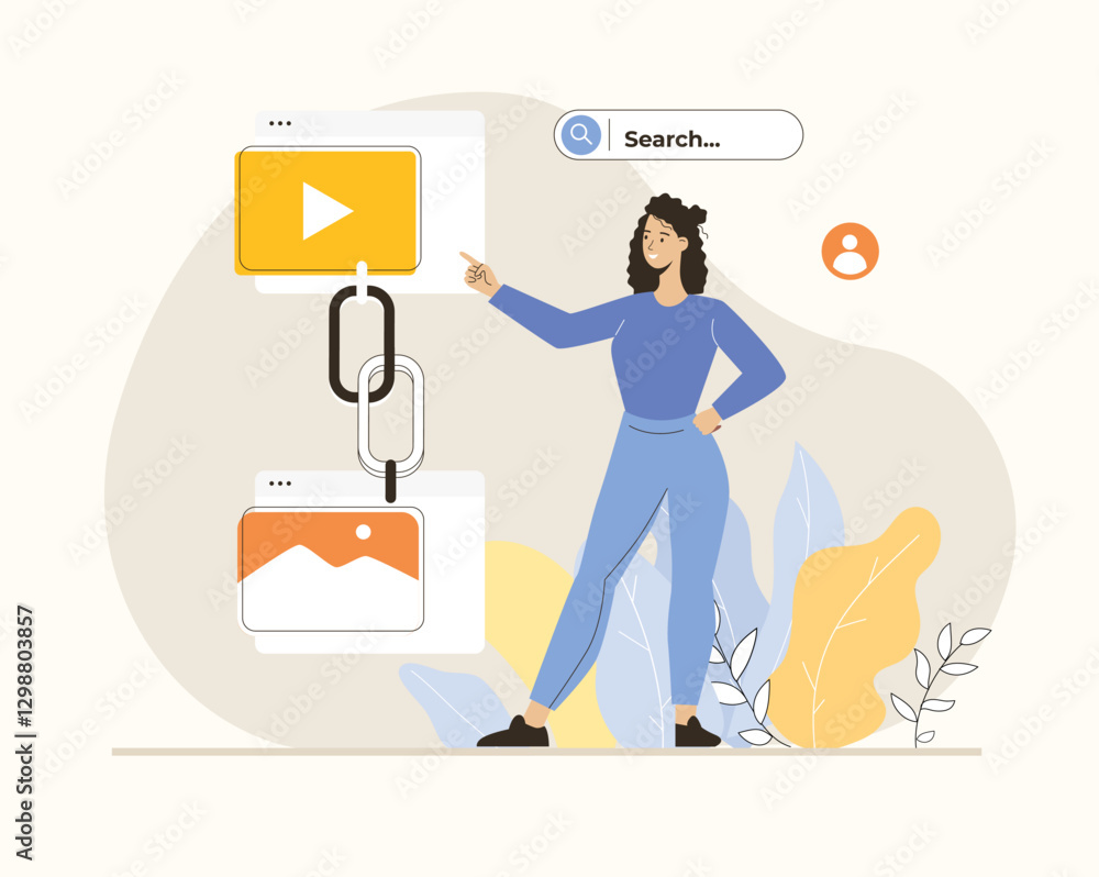 Link building concept. Woman use search engine optimization, SEO, hyperlink connection between online websites. Flat vector illustration.
Link building concept. Woman use search engine optimization, SEO, hyperlink connection between online websites. Flat vector illustration.
