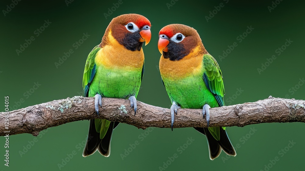 Fototapeta premium Playful Colorful Birds Displaying Intimate Bond on a Tree Branch