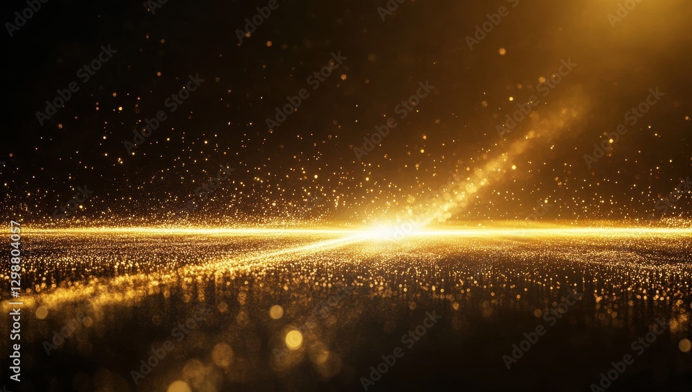 Stunning golden light rays illuminating sparkling particles on dark background for creative design, abstract art, and mesmerizing visual effects