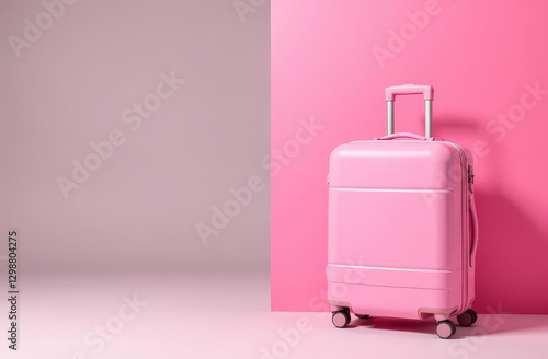 A pink suitcase on a pink isolate background . An article about travel and vacations
