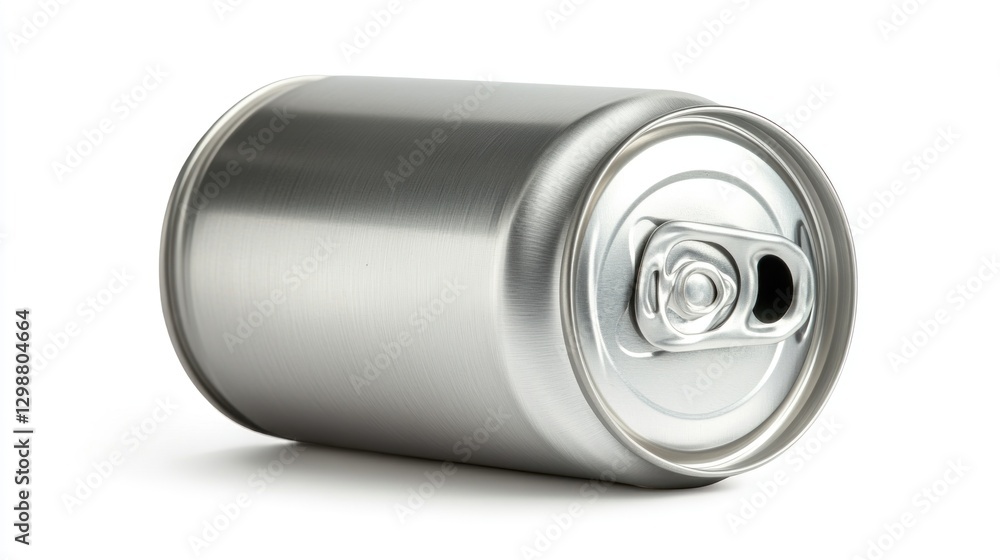 Close-up of a silver aluminum can, lying on its side, isolated on white background. Close-up of a silver aluminum can, lying on its side, isolated on white background.