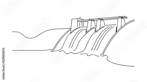 Line drawing of a hydroelectric dam with water flowing over spillways. Shows a simple design of a dam structure generating power. Clean lines, minimalist style.