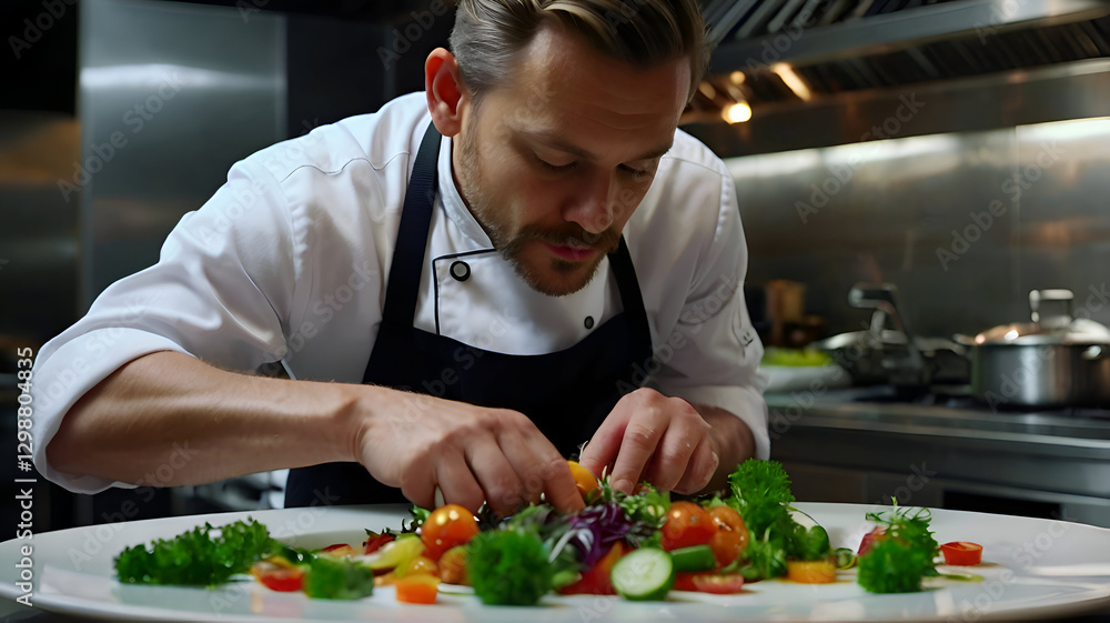 A chef in a white uniform, carefully adding the finishing touches to a beautifully plated gourmet dish, ready for service in a high-end restaurant A chef in a white uniform, carefully adding the finishing touches to a beautifully plated gourmet dish, ready for service in a high-end restaurant